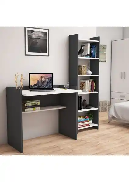 Bimossa Kösem Serisi Modern Çalışma Masası ve Kitaplık Seti Antrasit Beyaz