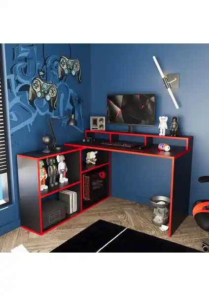 Bimossa Leo Siyah Kırmızı Oyuncu ve Çalışma Masası 113 cm Genişlikli Modern Tasarım