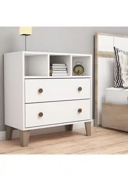 Bimossa Maya Raflı 2 Çekmeceli Beyaz Şifonyer Modern ve Fonksiyonel Tasarım