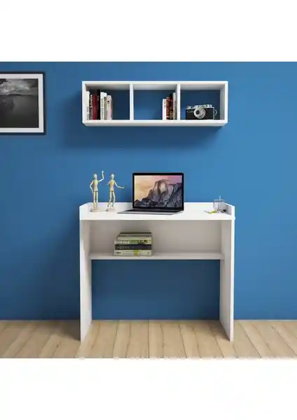 Bimossa Nakşidil Beyaz Çalışma Masası Raflı 90 cm Ofis ve Ev Kullanımı İçin Modern Tasarım