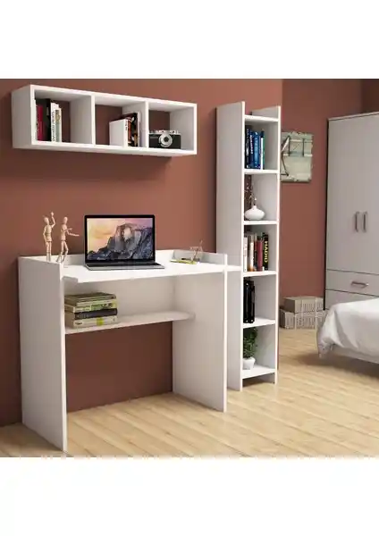 Bimossa Nurbanu Beyaz Çalışma Masası ve Kitaplık Seti Modern ve Dayanıklı Tasarım