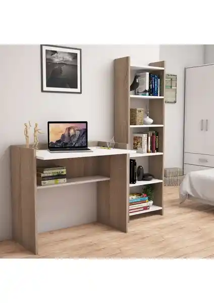 Bimossa T2020 Kösem Kitaplık ve Çalışma Masası Ceviz Beyaz Tasarım Özellikleri