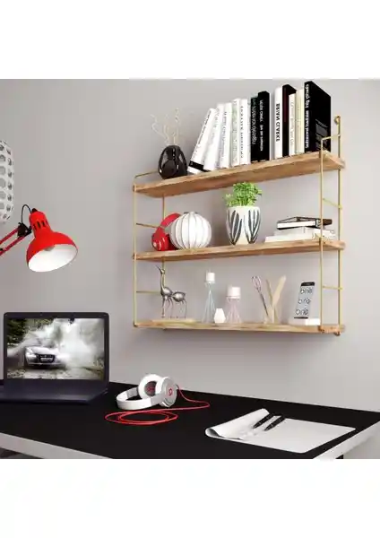 Bino 3'lü Duvar Rafı Masif Ahşap ve Altın Renk Paslanmaz Kaplama ile Şık Dekorasyon