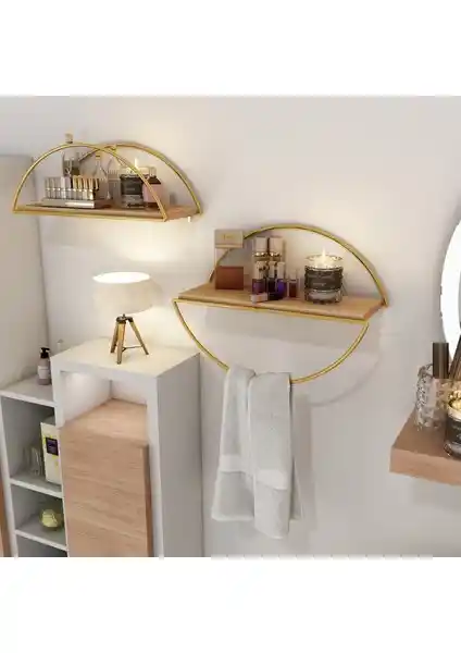 Bino Duvar Rafı Kitaplık Mutfak Banyo Altın Renk Elips 2'li Set Modern ve Çok Yönlü Dekorasyon Çözümü
