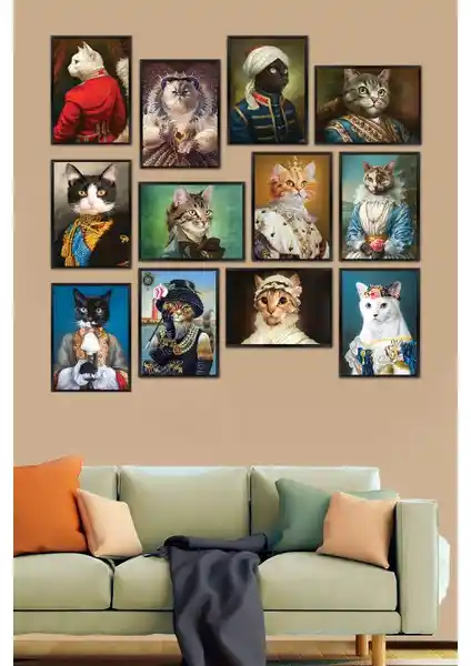 Biz Dijital 12 Parça Kedi Portreleri MDF Tablo Seti Ev Dekorasyonu İçin Uygun