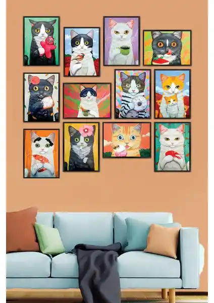 Biz Dijital 12 Parça Kedi Temalı MDF Çerçevesiz Tablo Seti Modern Ev Dekorasyonu İçin Ideal