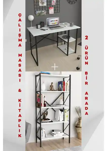 Bofigo 2 Raflı Çalışma Masası ve Metal Kitaplık: Modern ve Fonksiyonel Ofis Çözümü