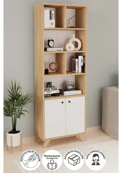Bofigo Smyrna Safir Meşe Beyaz Dekoratif Kitaplık Modern ve Dayanıklı Tasarım
