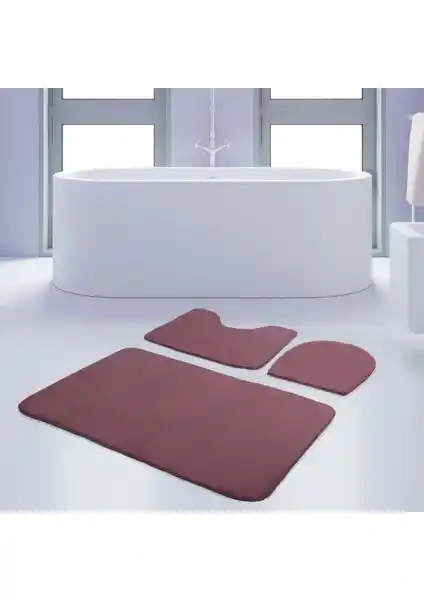 Bonny Home 3'lü Mürdüm Renkli Kaymaz Taban Banyo Paspası ve Halısı Seti
