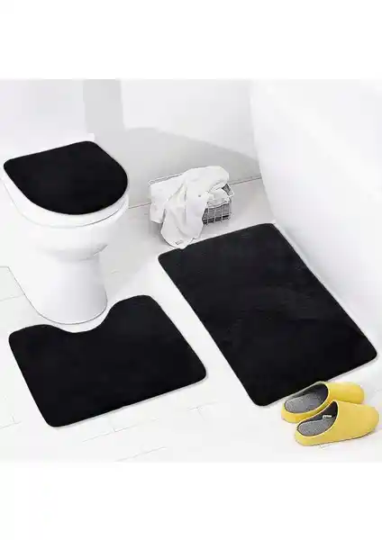 Bonny Home 3'lü Siyah Unicolor Banyo Paspası ve Halısı Seti Modern Tasarım