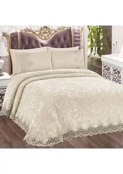 Bonny Home Fransız Dantelli Krem Çift Kişilik Battaniye Takımı Estetik ve Fonksiyonellik