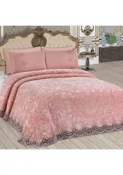 Bonny Home Fransız Dantelli Pudra Battaniye Takımı Yatak Odası Dekorasyonu İçin Şık ve Zarif Bir Seçenek