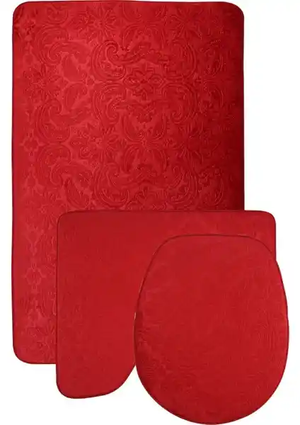 Bonny Home Ultrasoft Desenli 3'lü Kırmızı Klozet Takımı ve Banyo Paspası Seti