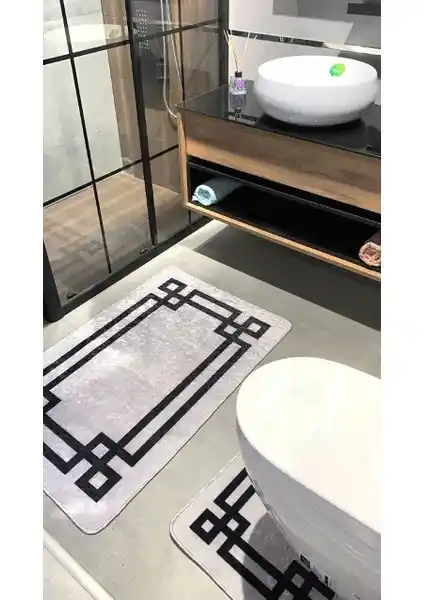 Brillant Siyah Modern Çerçeve Desenli Banyo Paspası - Şıklık ve Güvenlik İçin Ideal Tercih