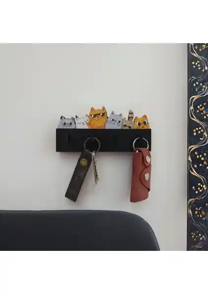 CajuArt Renkli Kedi Temalı Ahşap Duvar Askılığı ve Anahtarlık Modern Tasarım
