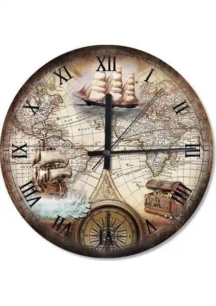 Cakasepetim Tarihi Harita Yelkenli Gemiler Dekoratif Duvar Saati 30-50 cm Çap Seçenekleriyle