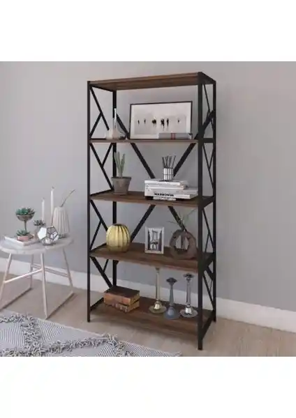 Çalışkan Home 5 Raflı Ceviz Metal Kitaplık: Modern ve Dayanıklı Tasarım Özellikleri