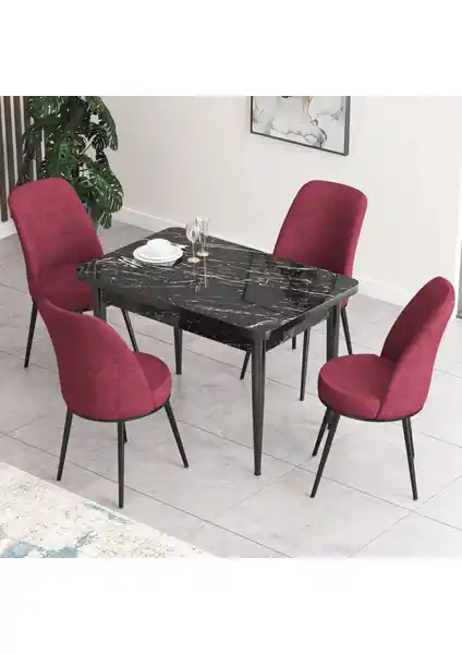 Canisa Concept Nil Serisi Siyah Mermer Desenli Modern Yemek Masası ve Sandalye Takımı