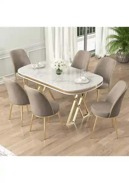 Canisa Lai Serisi 90x168 cm Beyaz Mermer Desenli Masa ve Sandalye Takımı