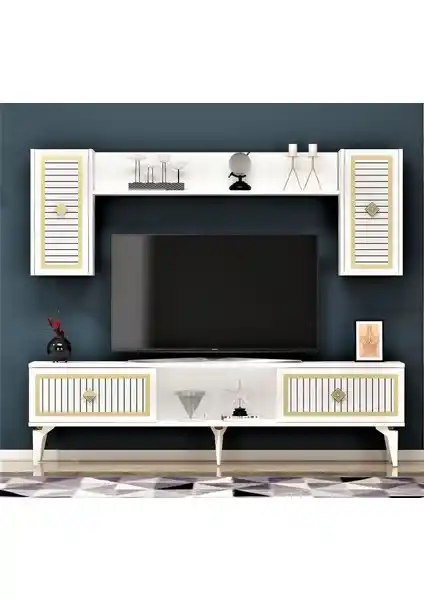 Cantek Dizayn 150 cm Nil TV Ünitesi Beyaz ve Altın Detaylarla Modern Tasarım