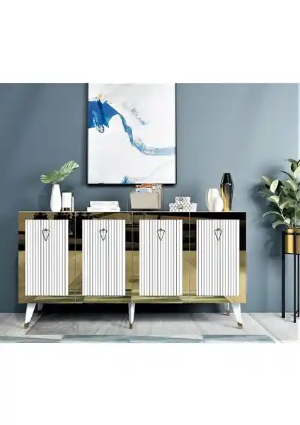 Cantek Dizayn Lazer Desenli Bare Konsol Beyaz-Altın Modern ve Şık Dekorasyon Parçası