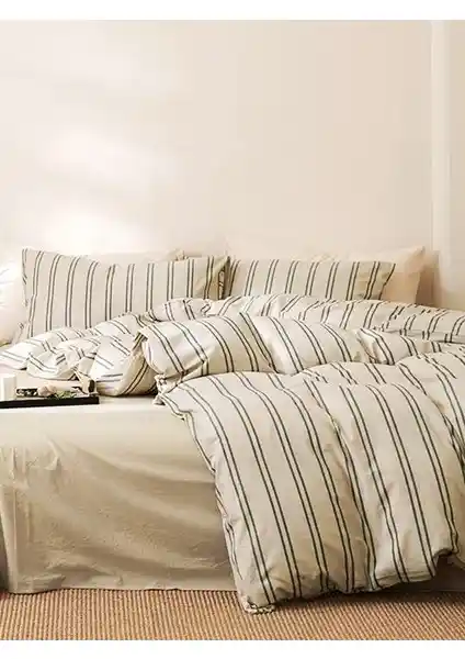 Caqqa Naturel Pamuk Çizgili Çift Kişilik Nevresim Takımı Yatak Konforu ve Şıklık