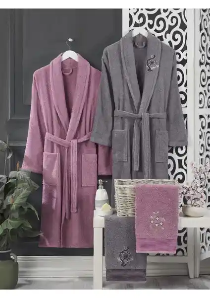 Casnack Mürdüm Antrasit Havlulu Bornoz Seti 4'lü Konfor ve Şıklık Sunan Banyo Takımı