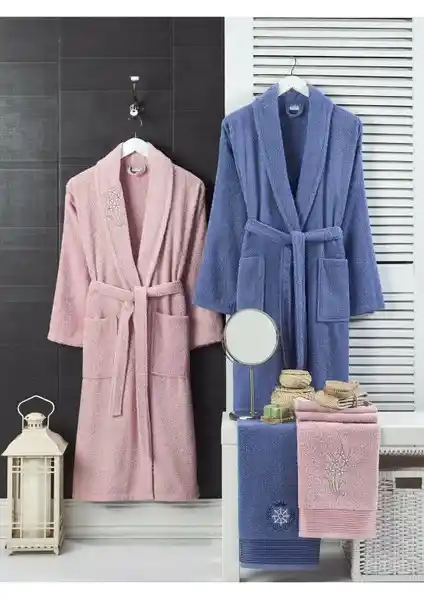 Casnack Pudra Lacivert Havlulu Bornoz Seti 4'lü Şıklık ve Konfor Sunar