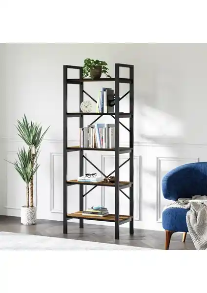 Ceramical 5 Raflı Metal Kitaplık Sacramento Meşe Modern Tasarım ve Fonksiyonellik