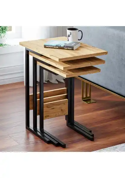 Ceramical ZG3 Metal Ayaklı 3'lü Zigon Sehpa Çam Renkli Modern Tasarım ve Dayanıklılık