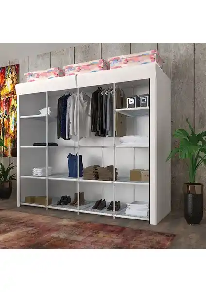 Cimri Kese Geniş Hacimli Çift Askılı Bez Dolap Beyaz Modern Depolama Çözümü