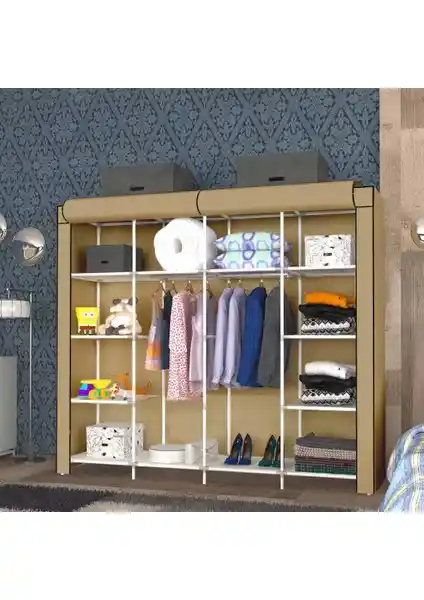 Cimri Kese Geniş Hacimli Raflı Askılı Bez Dolap Bej Renkli Modern Depolama Çözümü