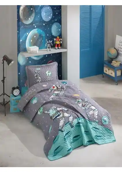 Clasy Genç Yatak Örtüsü Space Antrasit Modern ve Çok Amaçlı Yatak Dekorasyonu