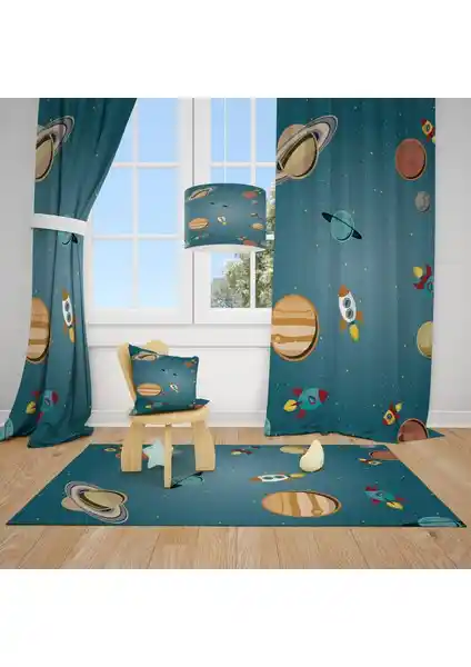 Çocuk Odası İçin Gezegenler ve Uzay Roketleri Temalı Fon Perde Detayları ve Özellikler