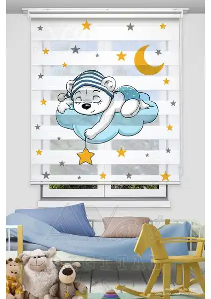 Çocuk Odası İçin Renkli ve Eğlenceli Sevimli Uyuyan Ayıcık Baskılı Perde