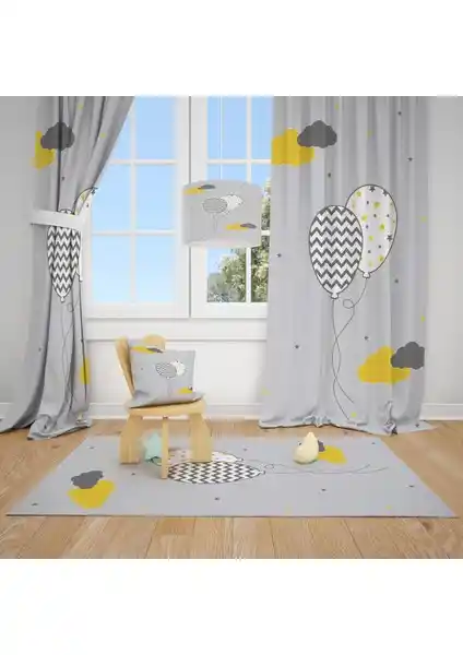 Çocuk ve Bebek Odası İçin Modern Gri Balon ve Bulut Desenli Fon Perde