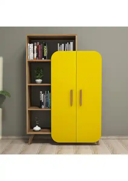 Çok Amaçlı Dolap ve Kitaplık Ceviz ve Sarı Renkli Modern Tasarım