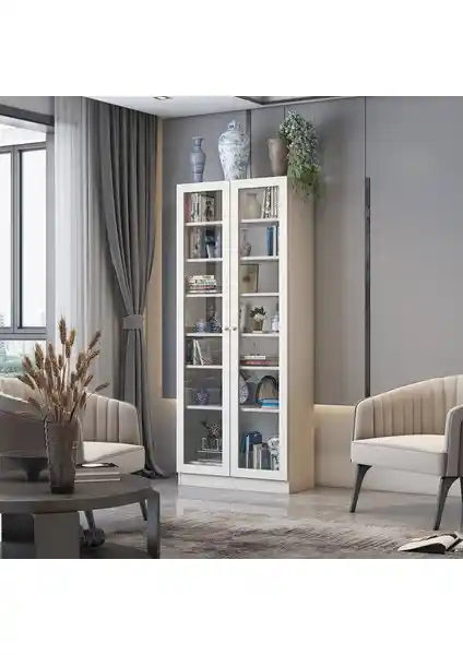 Dekorex KTP-211-C-BEYAZ Cam Kapaklı Modern Kitaplık ve Dekoratif Mobilya Seçenekleri
