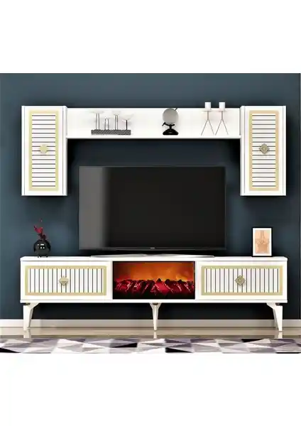 Demonte Decor Nill Şömineli TV Ünitesi Takımı Beyaz ve Altın Renk Seçenekleriyle Modern Tasarım