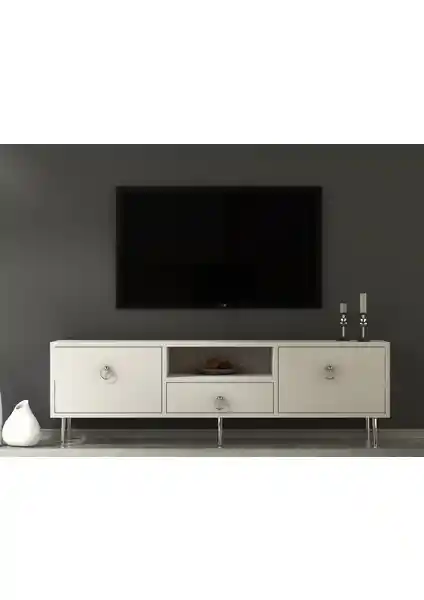 Demonte Dekor 2 Kapaklı Raflı ve Çekmeceli Beyaz-Gümüş TV Ünitesi