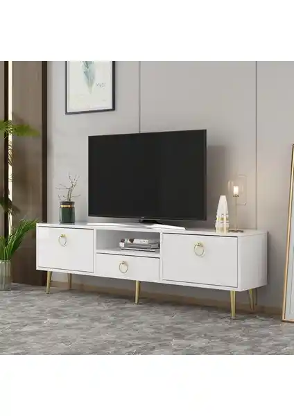Demonte Dekor 2 Kapaklı Raflı ve Çekmeceli TV Ünitesi Beyaz-Altın Modern Tasarım