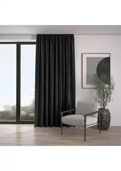 Demor Home Kadife Dokulu Ekstrafor Büzgülü Panter Siyahı Perde Modern ve Şık Dekorasyon İçin Uygun