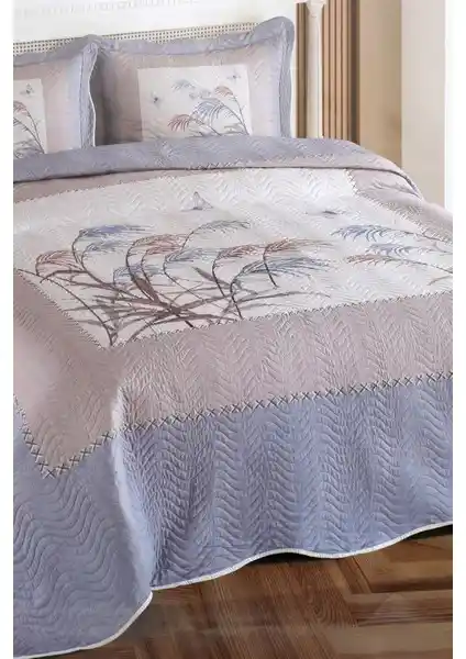 Doğal Desenli Kapitone Yatak Örtüsü Takımı Çift Kişilik Mavi Renkli