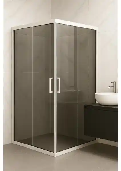 Durul Duşakabin Füme Temper Cam Özel Seri Kare Beyaz Profillerle Modern Banyo Tasarımı