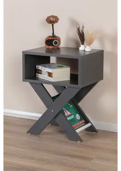 Enda Home X Ayaklı Dergilikli Başucu Komodin Antrasit Modern ve Çok Amaçlı Yan Sehpa