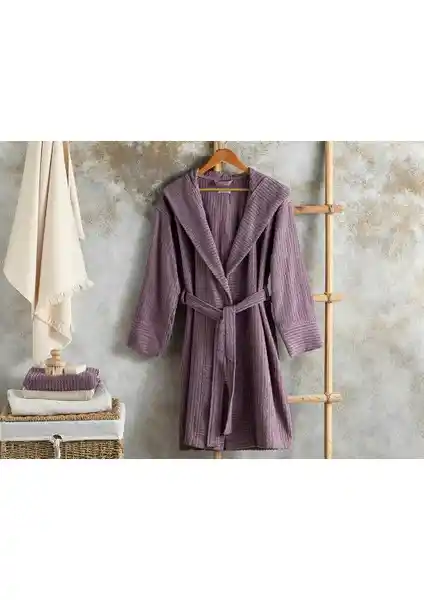 English Home Stripe Pamuklu Fitilli Bornoz Mor Renkli Yüksek Emicilikli ve Şık Tasarım