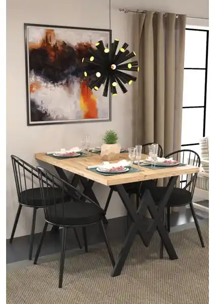 EVDEMO Eylül 4 Kişilik Mutfak Masa Takımı Atlantik Çam ve Siyah Modern Tasarım