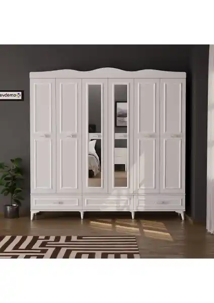 EVDEMO Luna 6 Kapaklı 3 Çekmeceli Aynalı Gardırop Beyaz Modern ve Fonksiyonel Tasarım