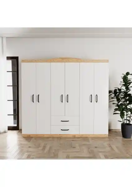 EVDEMO Selin 6 Kapak 2 Çekmeceli Gardırop Modern ve Dayanıklı Depolama Çözümü