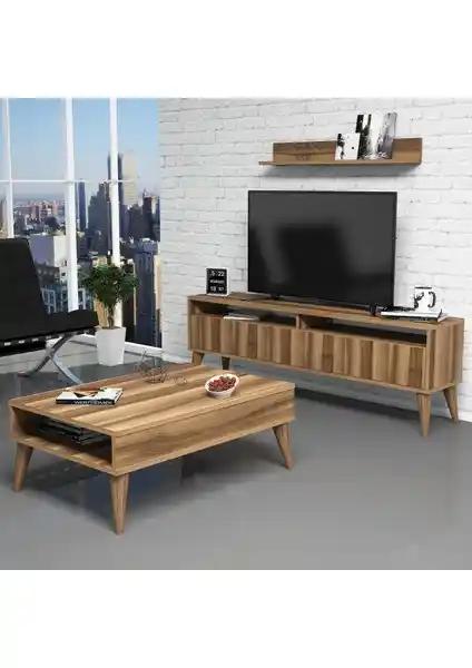 Evdo Best TV Ünitesi ve Orta Sehpa Takımı Ceviz Rengi Modern ve Dayanıklı Tasarım